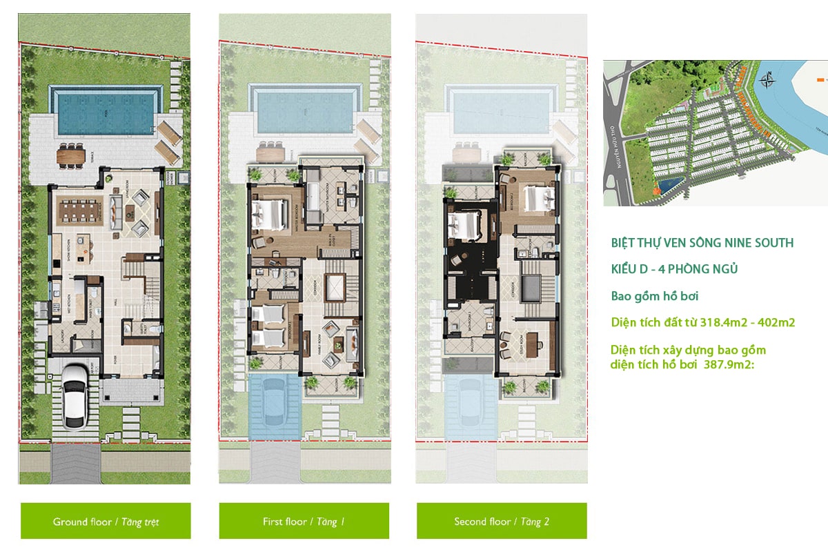 LAYOUT BIỆT THỰ ĐƠN LẬP NINE SOUTH CÓ HỒ BƠI
