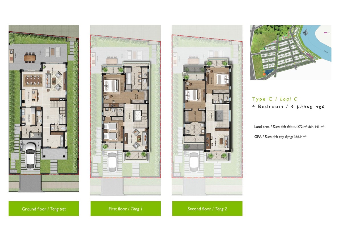 LAYOUT BIỆT THỰ ĐƠN LẬP NINE SOUTH KHÔNG CÓ HỒ BƠI