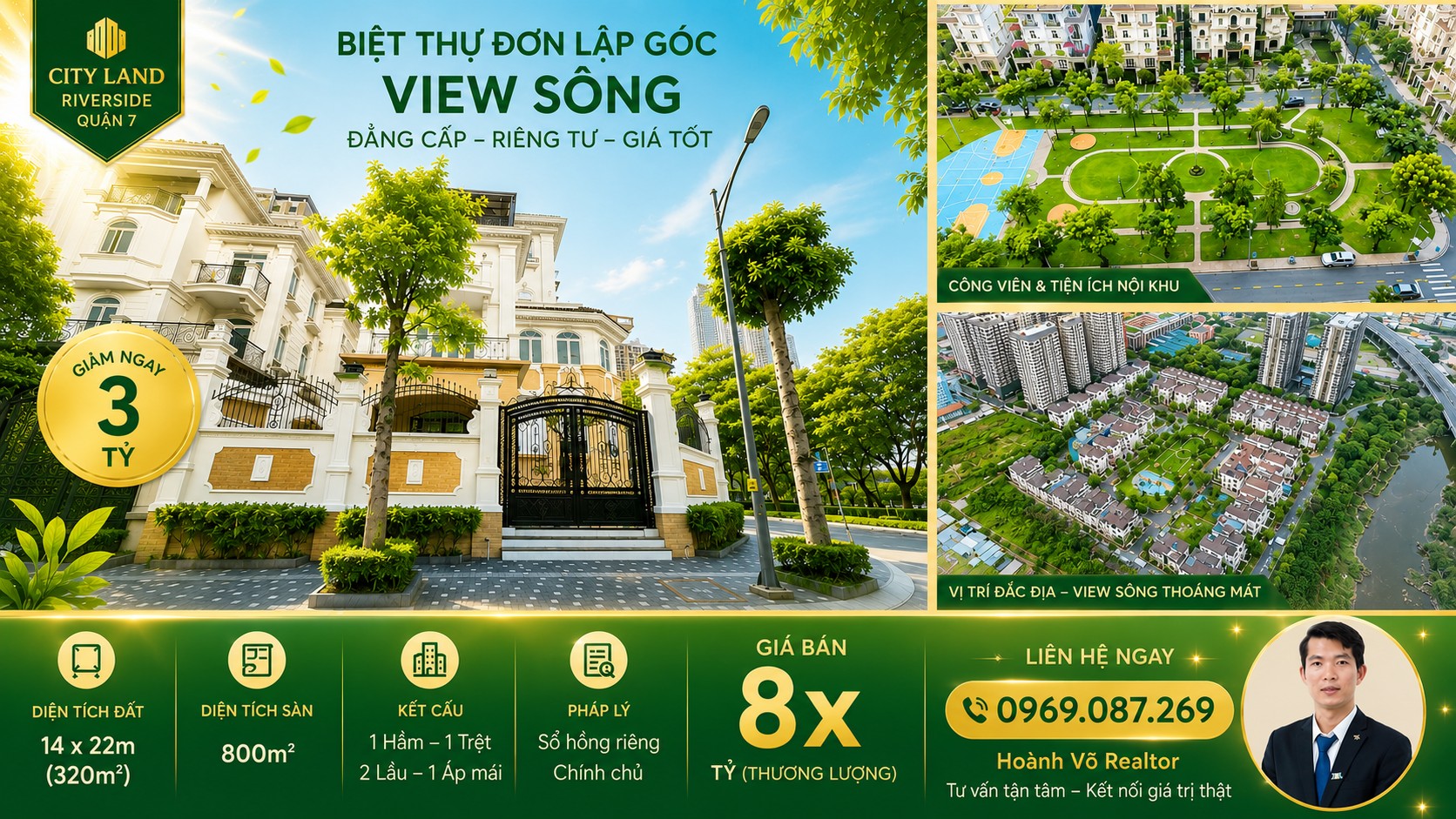 biệt thự góc view sống đường số 3 city land riverside