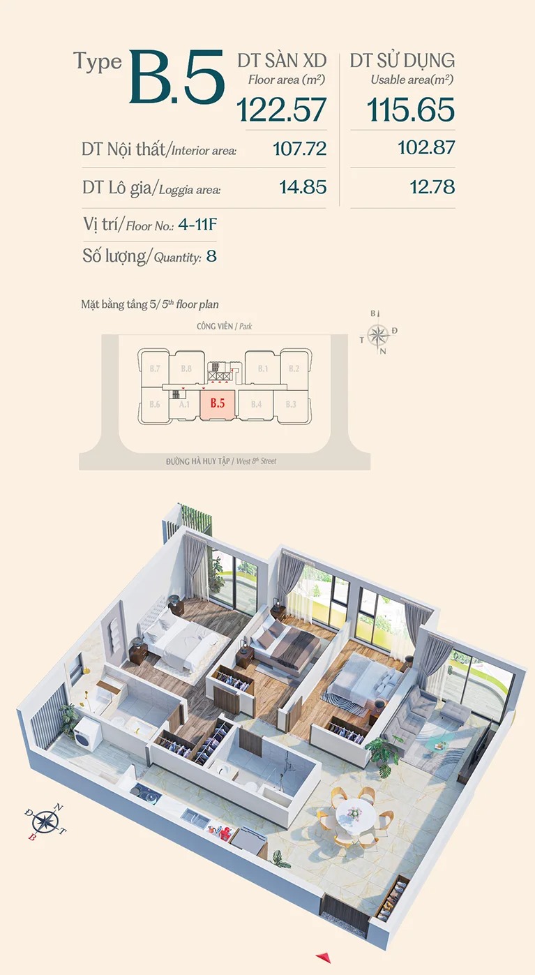 layout căn hộ 3 phòng ngủ mã 05 the sculptura