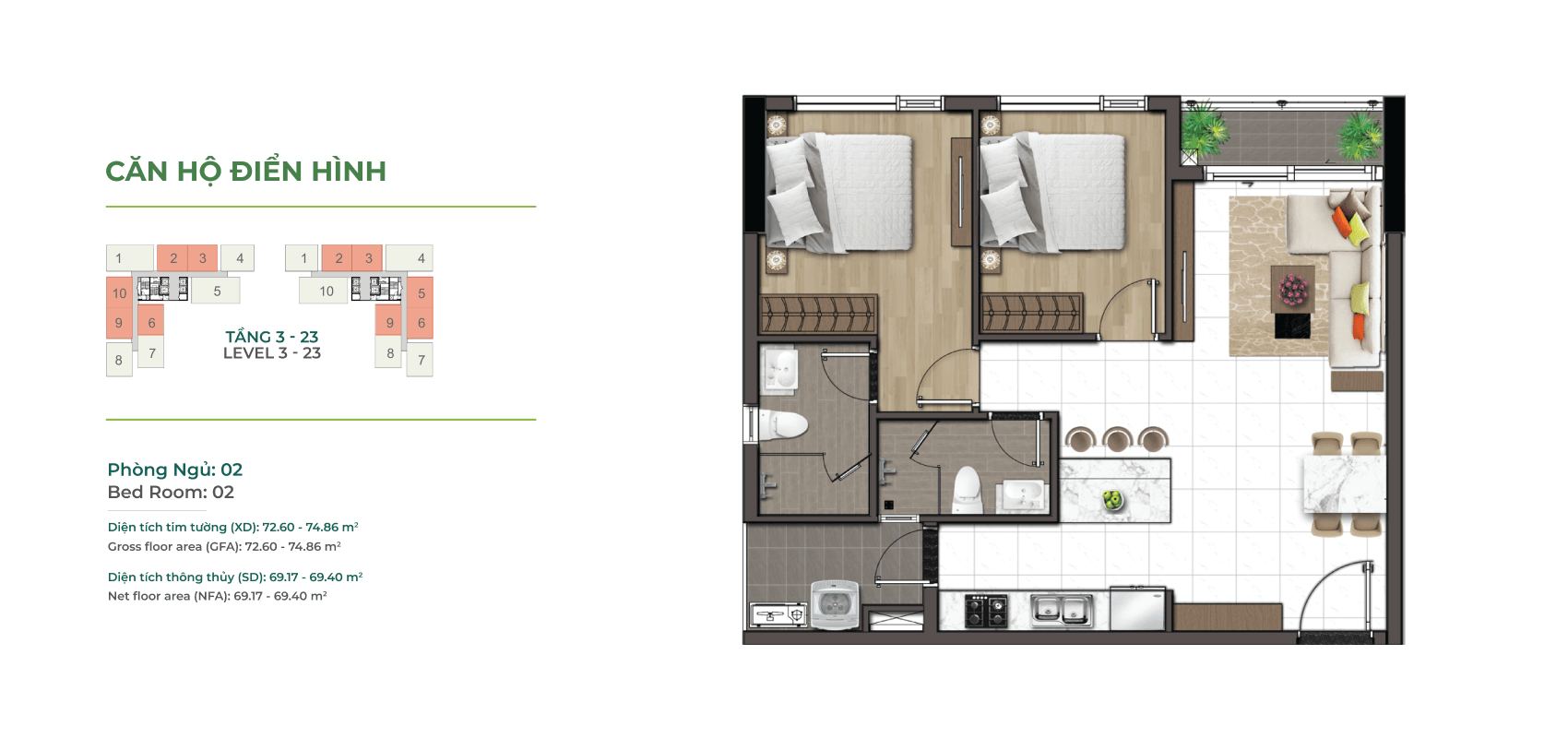 căn hộ 2 phòng ngủ diện tích 72 m2 tại essensia sky