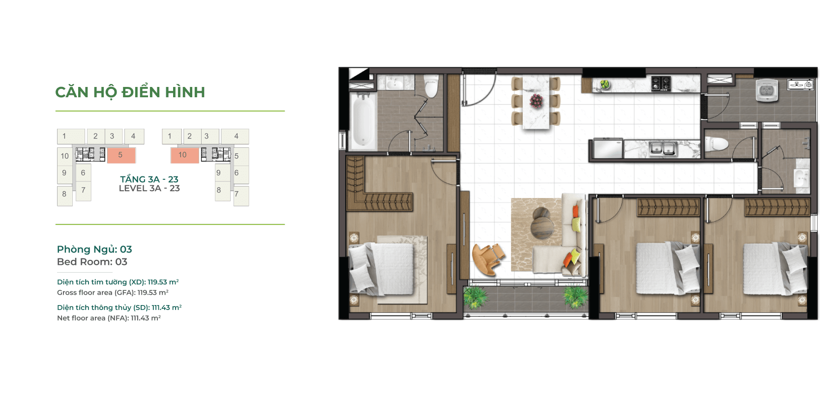 Layout căn 3 phòng ngủ góc view về nội khu tại Essensia Sky