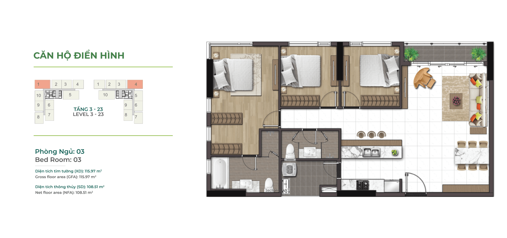 layout căn hộ 3 phòng ngủ góc view về phú mỹ hưng essensia sky